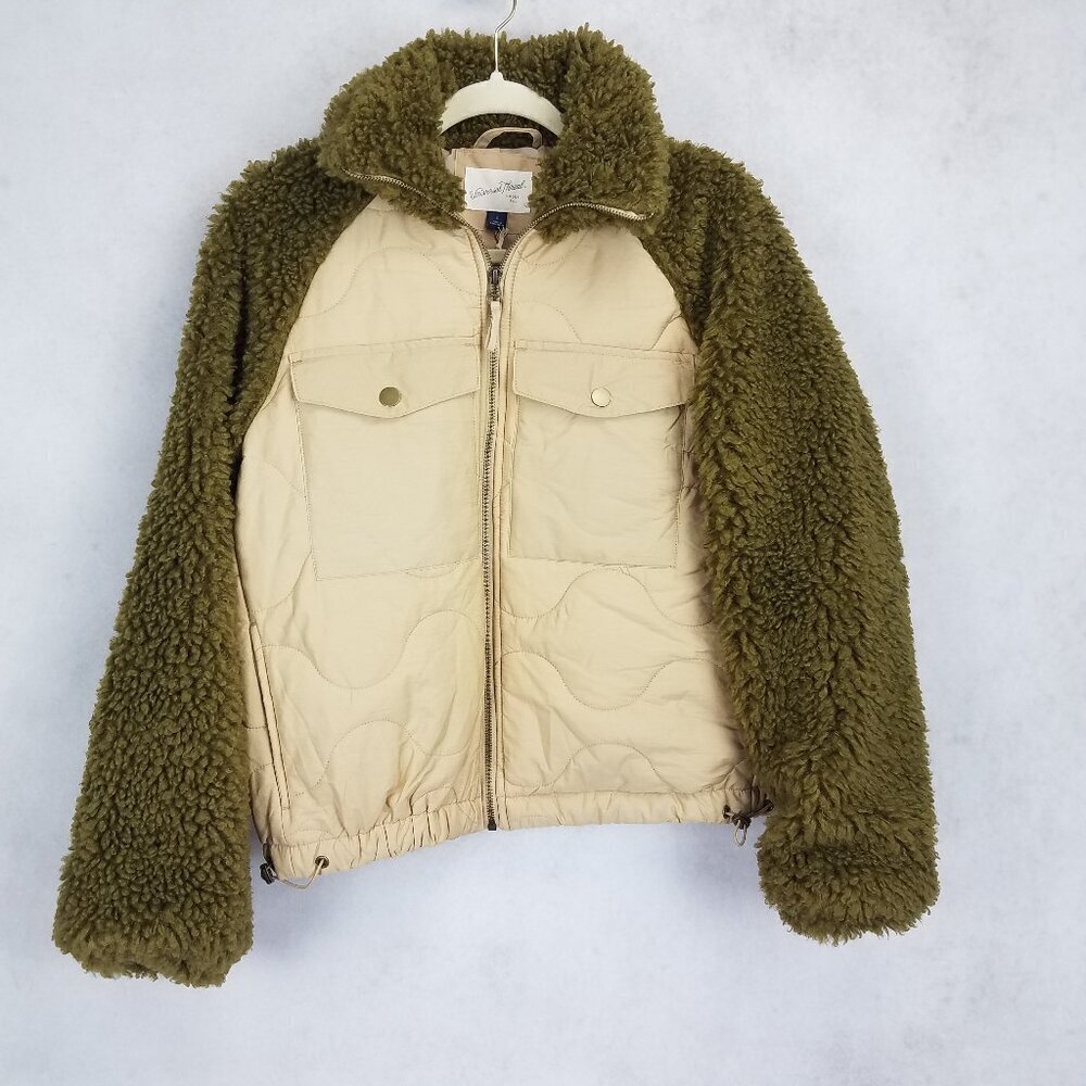 NWT Universal Thread Moto Jacket Faux Fur Fuzzy Quilted Tan Olive Pocket Women M